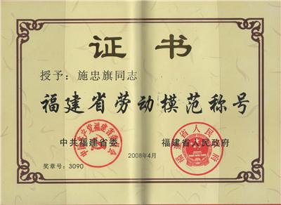 2008.4被福建省人民政府授予“福建省劳动模范”称号